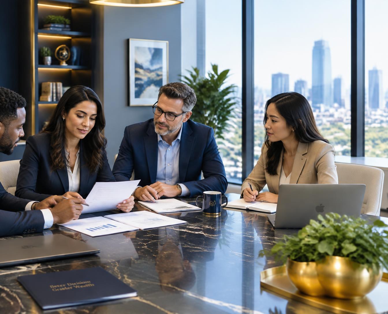 LeadOne advisors meeting with clients in a modern Albany office
